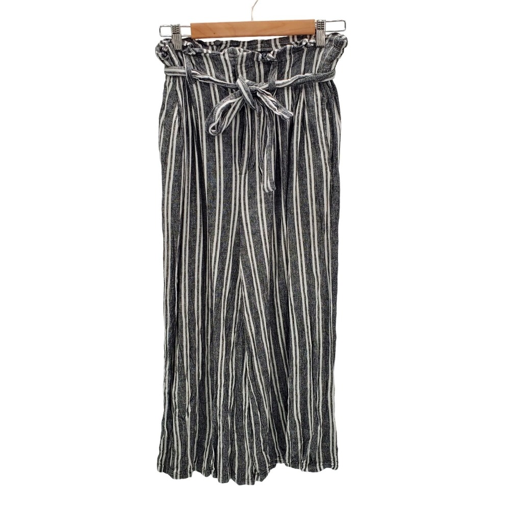 Who What Wear Womens 6 Black White Striped Linen Paperbag Waist‎ Tie Crop Pants